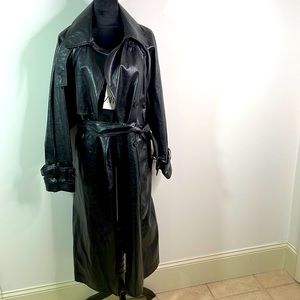 Long Vegan Leather Belted Button Down Trench